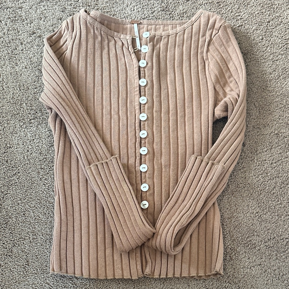 Free People Tan Ribbed Crew Neck Sweater
